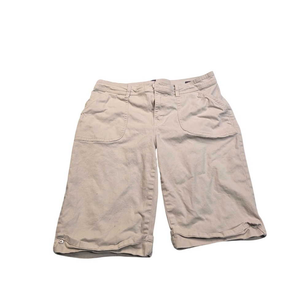 Gloria Vanderbilt Amanda Bermuda Shorts Womens 6 Beige Khaki Roll Cuff ButtonTab
